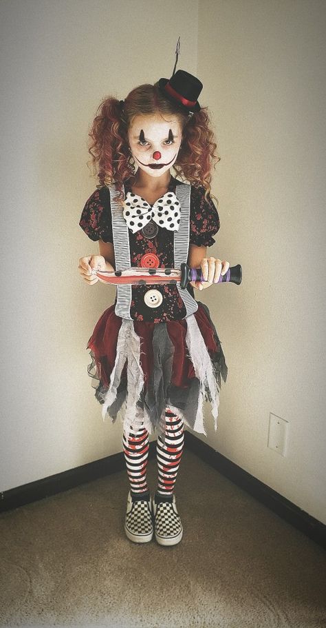 Clown costume Clown Homemade Costume, Twisted Clown Costume, Kid Scary Clown Makeup, Kids Creepy Clown Costume, Scary Clown Make Up For Kids, Girls Scary Clown Costume Diy, Diy Creepy Clown Costume For Women, Diy Killer Clown Costume For Women, Womens Creepy Clown Costume