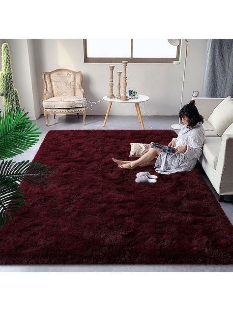 Burgundy  Collar  Polyester   Embellished   Rugs & Carpets Burgundy Area Rugs In Living Room, Bedroom Girls Kids, Rugs Fluffy, Coffee Table Rug, Burgundy Rugs, Plush Carpet, Simple Living Room, Fluffy Rug, Cute Home Decor