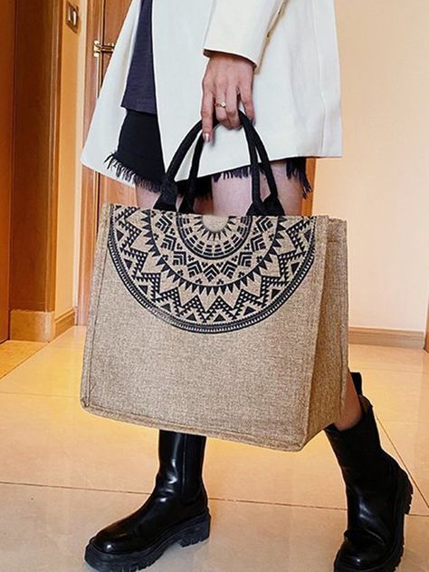 Come to Stylewe to buy Tote Bag at a discounted price, SPU: 1ETO76E8B4, Color: As Picture, Pattern:Ethnic, Activity:Vacation. Linen Tote Bag, Vacation Bag, Ethnic Bag, Jute Tote Bags, Trendy Girl, Jute Bag, Luxury Purses, Ethnic Patterns, Jute Bags