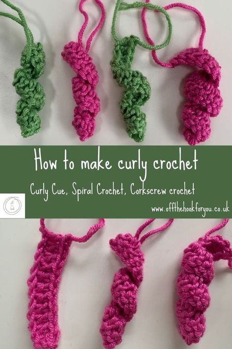 How to make crochet curly. A quick and easy guide to make a curly cue, spiral crochet, or corkscrew crochet. Paw Crochet, Crochet Curls, Crochet Spiral, Crochet Blanket Edging, Spiral Crochet, Crochet Festival, Crafts Crochet, Easy Crochet Stitches, Crochet Hair Accessories