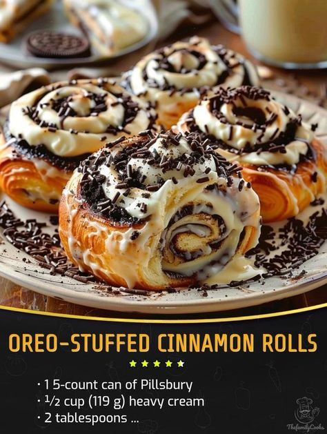 Kylie Recipes | Oreo-Stuffed Cinnamon Rolls | Facebook Oreo Cinnamon Rolls, Grands Cinnamon Rolls, Pillsbury Grands, Tasty Baking, Cinnamon Rolls Recipe, Sweet Snacks Recipes, Food Board, Beef Recipes For Dinner, Bakery Recipes