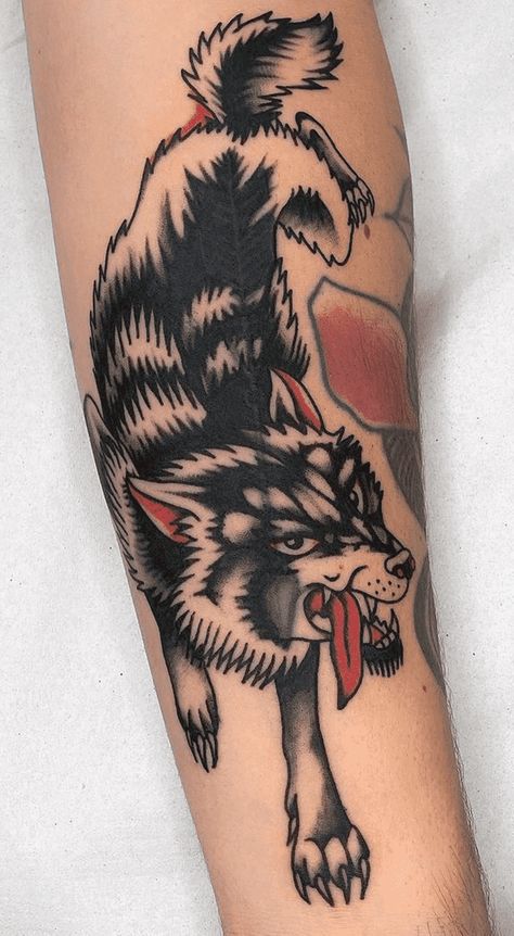 Crawling Wolf Tattoo Traditional, Trad Wolf Tattoo, Wolf Types, American Traditional Wolf Tattoo, Wolf Traditional Tattoo, Traditional Dog Tattoo, Daschund Tattoo, Tattoo Ideas Traditional, Traditional Wolf Tattoo