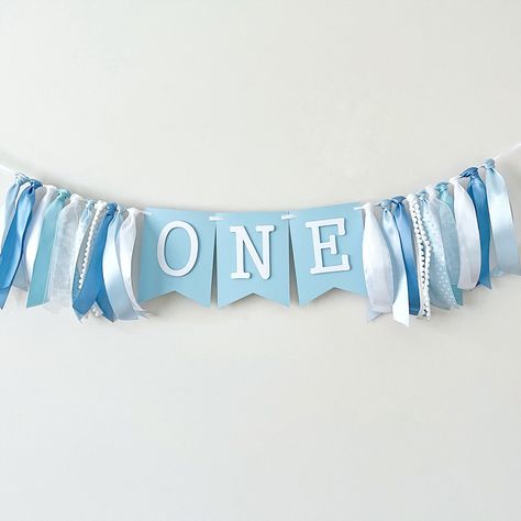 One Banner For High Chair, Birthday Banner 1st Birthday, Baby Blue Birthday Party Decorations, 1st Birthday High Chair Decorations, High Chair Decorations 1st Birthday, Blue First Birthday Party, First Birthday Blue, Blue First Birthday, One Highchair Banner