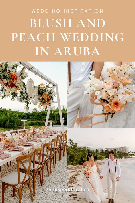 Jessica and Dylan had their beautiful beach wedding on the white sands of Aruba, with blush and peach wedding flowers, a tropical bridal bouquet, boho ceremony decor and a beautifully decorated beach wedding dinner set up. See more on the blog! Photographer: Karra Leigh Photo Florist: Good Seed Floral Styling: Mae and Co Creative Beach Wedding Mood Board, Boho Ceremony Decor, Peach Beach Wedding, Beach Wedding Dinner, Boho Ceremony, Tropical Bridal Bouquet, Wedding Reception Tablescapes, Peach Beach, Blush Wedding Decor