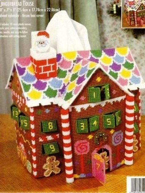 House Advent Calendar, Advent House, Gingerbread House Patterns, Gingerbread Creations, Plastic Canvas Box Patterns, Canvas Ornaments, Kleenex Box Cover, Plastic Canvas Ornaments, Tissue Cover