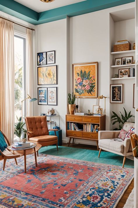 Eclectic Living Room with a Mix of Furniture, Artwork, and Plants - Design Ideas AI Teal Eclectic Living Room, White Eclectic Living Room, Colorful Midcentury, Eclectic Bedrooms, Mcm Living Room, Eclectic Decor Vintage, Living Room Decor Eclectic, Living Room Wood Floor, Vibrant Living Room