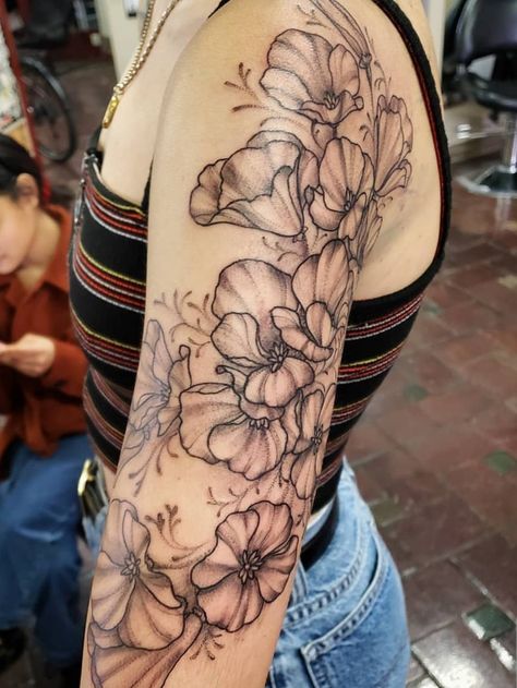 Poppy Tattoo Sleeve, Black Poppy Tattoo, Arm Wrap Tattoo, Poppy Flower Tattoo, Poppy Tattoo, Wrap Tattoo, Poppies Tattoo, Flower Tattoo Arm, Floral Tattoo Sleeve