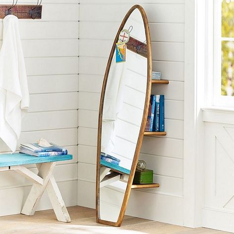 Check Out Your Beach-Ready Bod On This Surfboard Storage Mirror Decoration Surf, Deco Surf, Surfboard Storage, Surf Room, Beach Themed Bedroom, Surfboard Shapes, Surf Decor, Beach Room, Attic Renovation