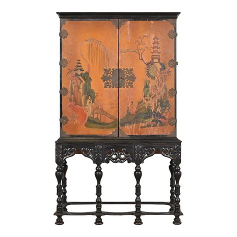 A gorgeous antique Chinoiserie Jacobean style bookcase, dining cabinet, or bar cabinet  In the manner of Berkey & Gay  USA, Circa 1900  Carved ebonized walnut, with orange lacquered case featuring hand painted Chinoiserie scenes, and original brass hardware.   Measures: 37.25"W x 16.75"D x 62"H.  Good original vintage condition. Painted Bookcase, Chinoiserie Furniture, Painting Bookcase, Painted Chinoiserie, Jacobean Style, Bookcase Bar, Style Bookcase, Dining Cabinet, Asian Decor