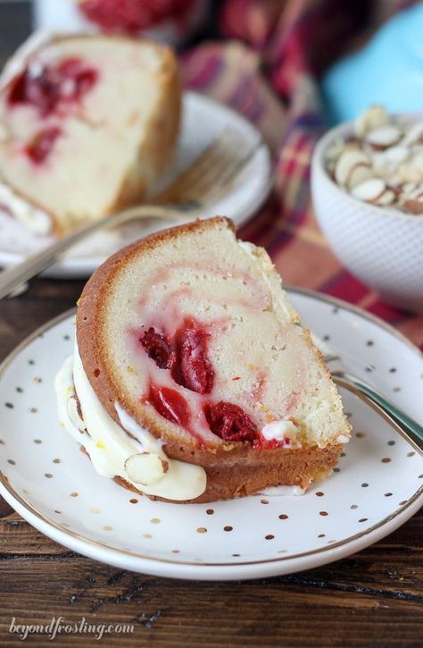 Sink your teeth into this Cherry Almond Bundt Cake. The dense almond pound cake is filled with a cherry pie filling and topped with a cream cheese glaze. Cherry Almond Bundt Cake, Almond Bundt Cake, Almond Pound Cake, Easy Pound Cake, Easy Bundt Cake, Almond Pound Cakes, Cream Cheese Glaze, Gateaux Cake, Cherry Cake