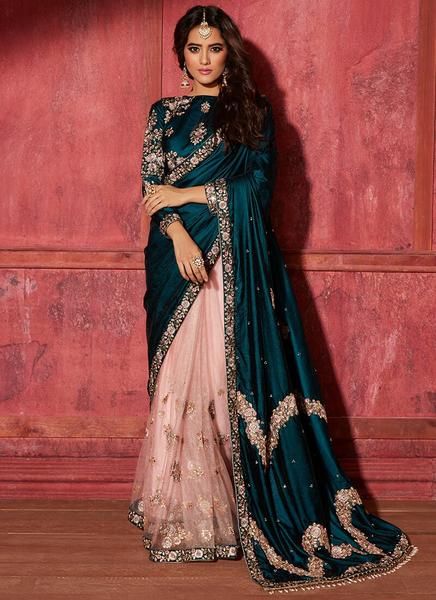 Teal and Light Pink Embroidered Saree   – Lashkaraa Royal Look Indian Dress, Sari Traditional Indian, Indian Sari Dress Modern, Indian Sari Dress Traditional, Traditional Sarees Indian, Sari Colors, Teal Dress For Wedding, Teal Saree, Sari Ideas