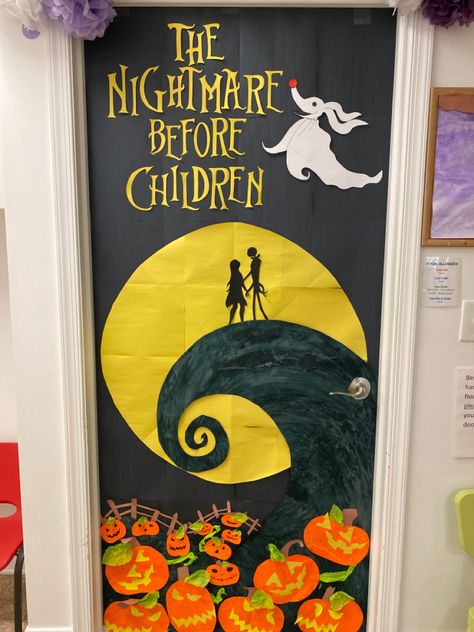 I made this and thought i would share! Halloween Door Designs For School, Jack Skellington Classroom Door, The Nightmare Before Christmas Decor Halloween, Halloween Door Decorations Contest Nightmare Before Christmas, Nightmare Before Christmas Red Ribbon Door, Nightmare Before Christmas Bulletin Board Decor, Halloween Door Decorations Dorm Room, Beatle Juice Door Decoration, Halloween Door Decorations Classroom Nightmare Before Christmas