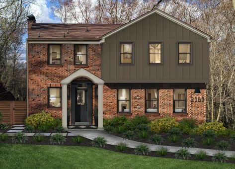 James Hardie's Hardie Board siding in Timber Bark is one of our designers' favorite home exterior colors for 2021. Learn more about why we love Hardie Board and which colors we've been digging most in this article. #exteriordesign #JamesHardie #HardieBoard #curbappeal #siding #homeexterior Timberbark Hardie Exterior Colors, Brick House With Dark Siding, James Hardie Timber Bark Siding, Timber Bark Hardie Siding, Vertical Siding Exterior With Brick, Brick Siding Combinations, Brick And Hardie Board Exterior, Siding Colors For Houses With Brick, Brick And Siding Exterior Combinations