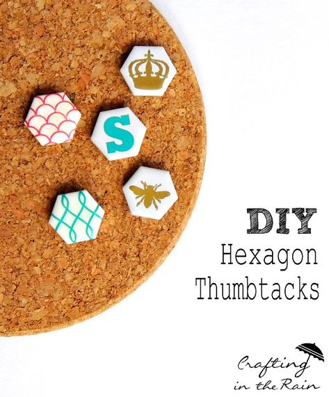 Hexagon Thumbtacks Hexagon Bath Hardware, Hexagon Pin Board, Tiny Crochet Hexagon, Handmade Hexagon Jewelry, Thumbtack Art, Tiles Hexagon, Hand Sewn Hexagon Quilt, Random Diys, Leftover Tile