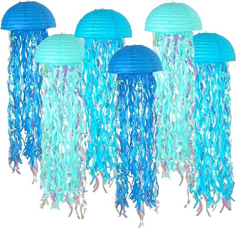 Hanging Jellyfish, Wish Lanterns, Ocean Baby Showers, Ocean Theme Birthday, Mermaid Birthday Decorations, Ocean Birthday Party, Paper Lantern Decor, Mermaid Theme Birthday Party, Ocean Theme Party