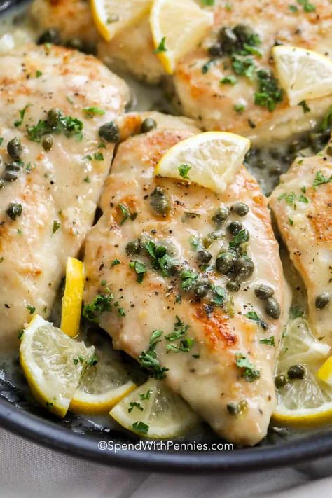 Chicken Piccata is an easy Italian meal. Tender chicken breasts are seared until golden and simmered in a fresh lemon caper white wine sauce. Serve this easy (yet seemingly fancy) dish over pasta! #spendwithpennies #Italianmeal #pastarecipe #chickenrecipe #chickenpiccata Chicken Piccata With Lemon Sauce, Roasted Vegetables With Chicken, Piccata Sauce, Shrimp Linguine, Chicken Piccata Recipe, Oven Baked Chicken Breasts, Fancy Dishes, Spend With Pennies, White Wine Sauce