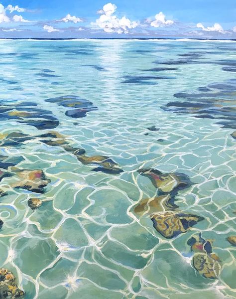 Watercolour Water Painting, Water Art Painting, Clear Water Painting, Land And Sea Art, Shallow Water Drawing, Reef Painting Acrylics, Lagoon Drawing, How To Paint Water With Acrylic, Painting Water Acrylic