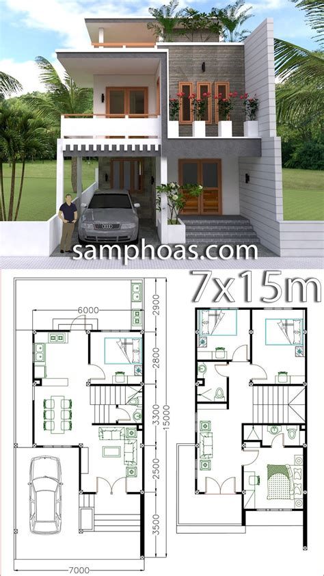 4 Bedroom Home Design Plan 7.5x9m - SamPhoas Plansearch Two Story House Design, Pelan Rumah, Eksterior Modern, 2 Storey House Design, Two Story House, Casa Country, Duplex House Plans, Simple House Design, Narrow House