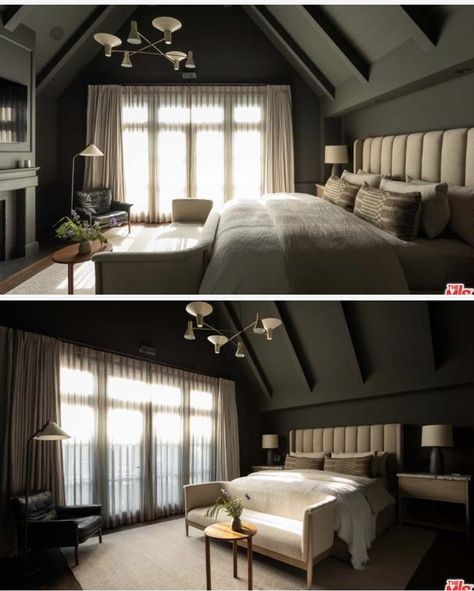 Unusual Master Bedrooms, Masculine Attic Bedroom, Moody Bedroom Vaulted Ceiling, Masculine Feminine Bedroom, Sloped Ceiling Bedroom Master Suite, Color Drenching, Couples Bedroom Ideas, Design Bedroom Ideas, Bedroom Pop Design