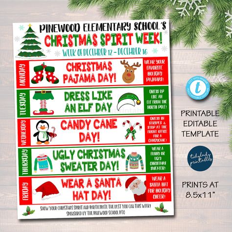 "This cute and fun daily/weekly Christmas spirit week itinerary calendar is a great way for kids to show their positive holiday cheer during the Christmas season! You can print and send home with families and/or upload digitally to send out to families/students. WANT THE WINTER/HOLIDAY VERSION? FIND IT HERE: https://www.etsy.com/listing/1127110318/winter-school-spirit-week-itinerary?click_key=d60f4718cdcf943326a45e3e430a4f5cf27d1ad0%3A1127110318&click_sum=3d9c9c42&ref=shop_home_active_1 Winter School Spirit Week, Teacher Christmas Spirit Week, Christmas Week Activities For Kids, Preschool Christmas Spirit Week, School Christmas Themes, Dress Up Days For Christmas At School, December Dress Up Days For School, Christmas Themed Days, Christmas Dress Up Days School