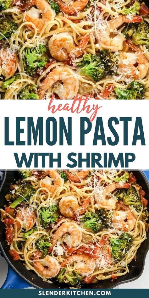 Healthy lemon pasta has flavorful ingredients such as fire-roasted tomatoes, garlic, broccoli, and lemon. This shrimp pasta comes together in under 30 minutes and is excellent for busy weeknights. You can customize this dish by adding some red pepper flakes or swapping the protein. Try this lemon shrimp pasta for dinner soon! Shrimp Spinach And Pasta Recipes, Pasta With Shrimp Healthy, Shrimp Arugula Pasta, Protein Pasta With Shrimp, Shrimp Chickpea Pasta, Lemon Shrimp Pasta Healthy, Shrimp Pasta With Veggies, Shrimp Scampi With Broccoli, Lemon Seafood Pasta