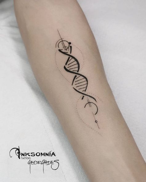 Unique DNA Infinity Tattoo Dna Wrist Tattoo, Simple Dna Tattoo, Harmonic Series Tattoo, Event Horizon Tattoo, Dna Tattoo Family, Biochemistry Tattoo, Neurodivergent Tattoo Ideas, Detachment Tattoo, Dna Helix Tattoo