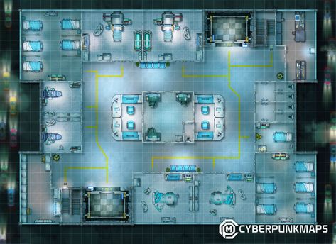 Hospital Battlemap, Cyberpunk Items, Cyberpunk Ttrpg, Cyberpunk Background, Marvel Rpg, Station Map, Game Map, Cyberpunk Rpg, Halo Game