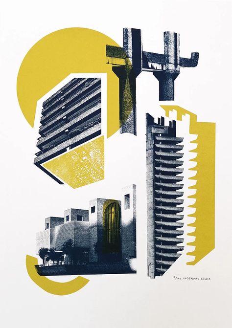 Building Collage Art, Building Collage, Architectural Artwork, Screen Print Art, Collagraphy, City Collage, Brutalism Architecture, Screen Printing Art, Photography Collage