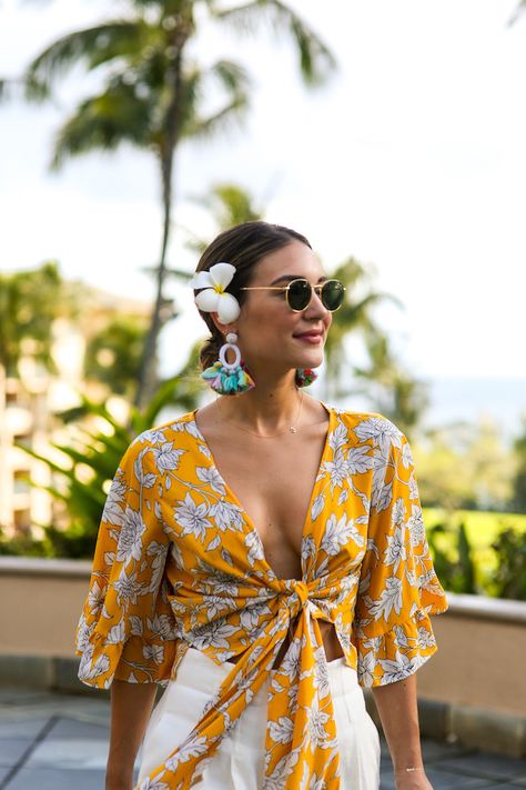 Yellow Floral Crop Top, Colorful Statement Tassel Earrings | What to Wear in Hawaii Luau Outfits Hawaii, Colorful Summer Tops Women, Aloha Outfit Ideas For Women, Hawaii Outfits Women, Luau Outfit Ideas, Luau Outfit Women, Tiki Party Outfit, Tropical Outfit Ideas, What To Wear In Hawaii