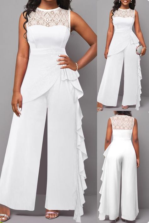 This lace patchwork white long sleeveless jumpsuit is a stylish and elegant outfit perfect for a cocktail party or a special occasion. The jumpsuit features a round neck, lace patchwork details, and ruffled sleeves. The long wide-leg pants are made of a comfortable and breathable 95% polyester and 5% spandex blend. #lacejumpsuit #whitejumpsuit #patchworkjumpsuit #rufflejumpsuit #longjumpsuit #whitefashion #summerfashion #elegantfashion #cocktailfashion #ootd Christian Dressing, White Jumpsuit Outfit, Sleeveless Jumpsuit Outfit, White Lace Jumpsuit, Ruffle Outfit, Ginger Benefits, Dress Closet, Lace Jumpsuit, Jumpsuit Outfit