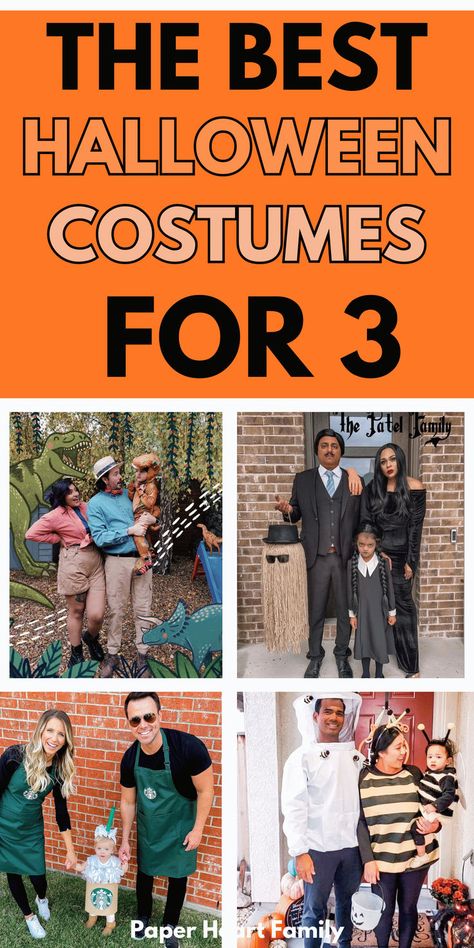 These Halloween costumes for three are the BEST! Get inspired for your family of three Halloween costume, and make this year the best yet. Three person Halloween costumes don't have to be difficult! 3 Person Costume, Halloween Costumes For Three, 3 Family Halloween Costumes, Three Person Costumes, Halloween Costumes For Families, Mommy Baby Halloween Costumes, Family Costumes For 3, Diy Baby Halloween Costumes, Fun Halloween Costumes