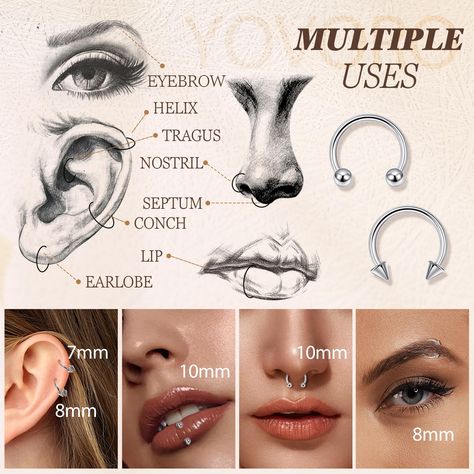 16Pcs 16G Horseshoe Septum Nose Ring Hoops Hypoallergenic Eyebrow Lip Ring Piercing Jewelry Lip Ring Piercing, Horseshoe Septum, Lip Piercing Ring, Septum Nose Rings, Septum Nose, Ring Piercing, Cartilage Hoop, Nose Rings Hoop, Lip Ring