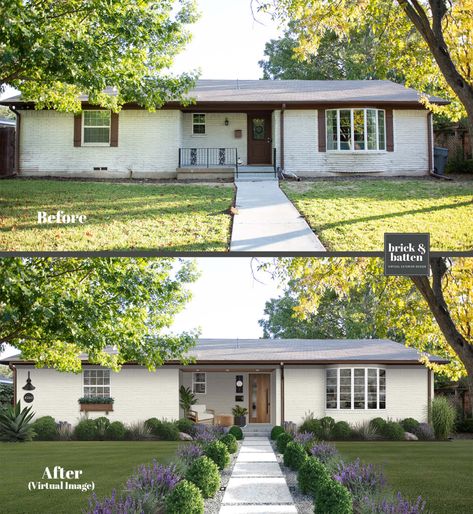 9 Small House Exteriors We Love - brick&batten Renovation Facade, Small House Exteriors, Ranch House Remodel, Architecture Renovation, Home Makeovers, Ranch House Exterior, Painted Brick House, House Makeovers, Ranch Exterior