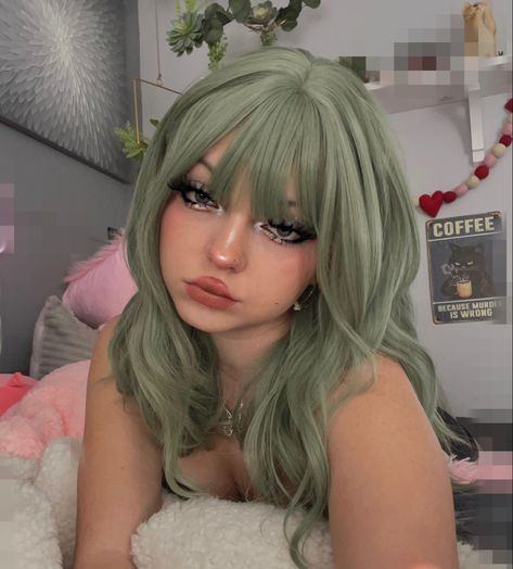 Green In Blonde Hair, Blonde And Mint Green Hair, Full Hair Dye Ideas, Green With Blonde Hair, Green Hair Looks, Pistachio Hair Color, Blonde And Dark Green Hair, Silver Green Hair, Sea Sick Green Hair