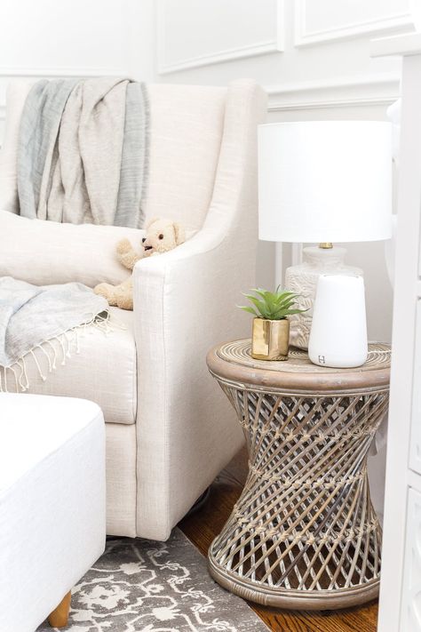 Nursery organization | Keep a side table beside a glider with a lamp that has a sleeper bulb (to promote sleep) and a sound machine. Nursery Side Table, Project Nursery Girl, Nursery Makeover, Vintage Style Furniture, Nursery Glider, Side Table Decor, Nursery Lamp, White Nursery, Nursery Organization