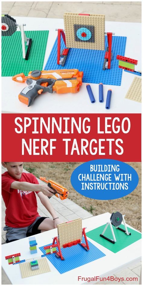 How to Build Spinning LEGO Nerf Targets - super fun Nerf gun game for kids! Building challenge has benefits as a STEM learning activity. Learning With Legos Preschool, Lego Nerf Target, Rainy Day Activities For Kids 8-10, Lego Challenges For Kids, Lego Stem Activities, Lego Building Ideas, Nerf Target, Lego Stem, Lego Learning