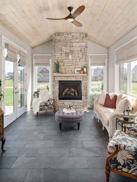 26 Creative 3 Season Porch Ideas to Inspire Your Next Cozy Retreat - placeideal.com Screened Porch And Patio Combo, 3 Season Room Ceiling Ideas, Black Three Season Room, 3 Season Porch Fireplace, Fireplace Sunroom Ideas, Farmhouse 3 Season Room, Indoor Back Porch Ideas, 3 Season Room With Fireplace, Three Season Room With Fireplace