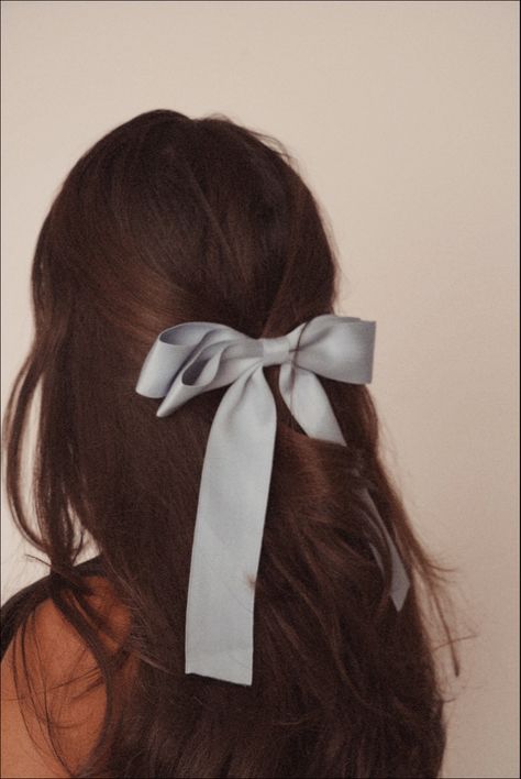 Girl with brown wavy hair wears a light blue bow that gathers her hair in the back. Baby Blue Hair, Brunette Aesthetic, Blue Hair Bows, Light Blue Hair, Bow Hairstyle, Ribbon Hairstyle, Hair Ribbon, Ribbon Hair, Diy Hair Bows