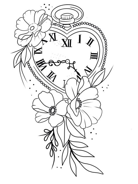 Clock Tattoo Design Women, Clock Tattoo Stencil, Pocket Watch Tattoo Design, Clock And Rose Tattoo, Tattoo Stencil Designs, Watch Tattoo Design, Clock Drawings, Clock Tattoo Design, Tattoo Outline Drawing