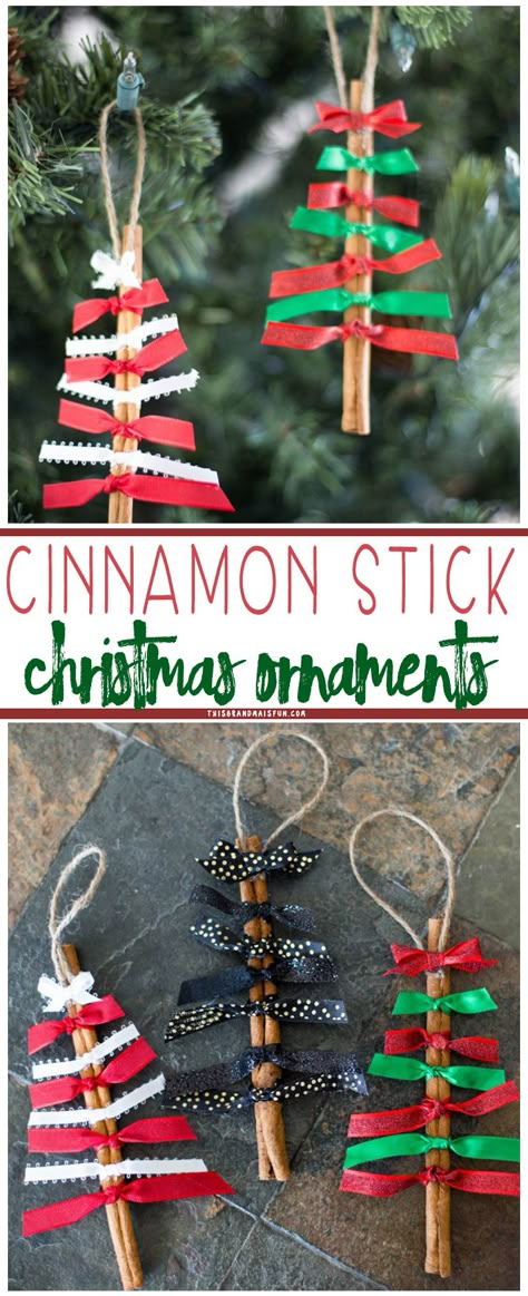 Cinnamon stick Christmas ornaments are easy to make, smell wonderful and make great gifts for friends and family. Cinnamon Stick Christmas Ornaments, Stick Christmas Ornaments, Cinnamon Sticks Christmas, Juleverksted For Barn, Christmas Kids, Kids Ornaments, Christmas Ornaments Homemade, Wrapping Ideas, Noel Christmas