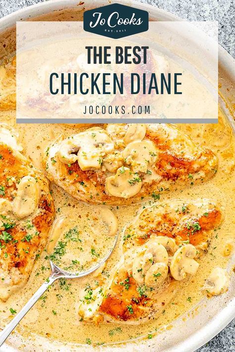 Chicken Diane, Chicken Board, Meaty Meals, Brandy Sauce, Chicken Boneless Breast Recipes, Chicken Cutlet, Chicken Mushroom Recipes, Jo Cooks, Protein Packed Meals