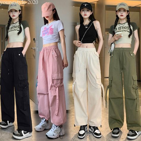 Baggy Ankle Pants Outfit, Baggy Tailored Pants Outfit, Cargo Pants Outfit Wide Leg, Flowy Cargo Pants Outfit, Colored Cargo Pants Outfit, Casual Cargo Pants Outfit Women, Baggy Joggers Outfit Women, Hip Hop Fashion Women Street Style, Tiny Top Big Pants Outfit