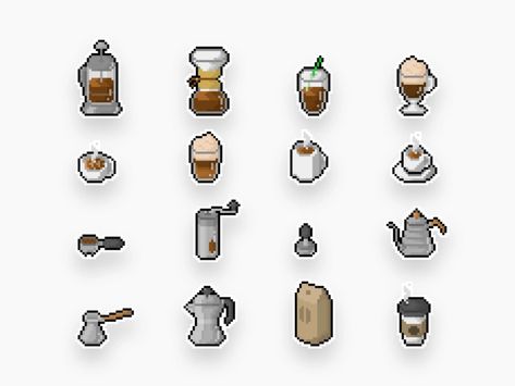 Pixel Coffee Icons by Victor Korchuk on Dribbble Coffee Pixel Art, Pixel Coffee, Pixel Art Food, Coffee Icon, Props Art, Coffee Games, Pixel Games, Cute Shark, 8 Bits