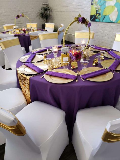 Fashion Royalty | CatchMyParty.com Royalty Table Decorations, 55th Birthday Ideas For Women Decor, Purple And Gold Party Decorations Ideas, Purple And Gold Table Setting, Purple And Gold Decorations, Purple Gold Party Decorations, Gold Reception Decor, Birthday Dinner Ideas, Intimate Events