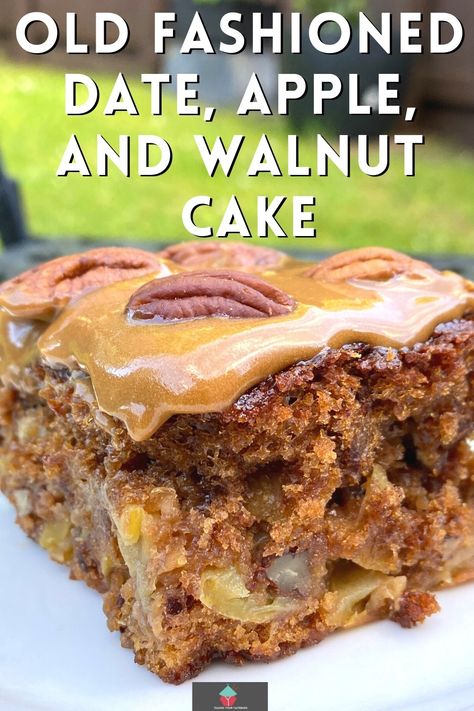 Old Fashioned Date, Apple, and Walnut Cake. This old-fashioned date, apple, and walnut cake is easy to make, moist, and loaded with apple and dates keeping it sweet and soft. The walnuts add a great texture and crunch. Salted caramel frosting adds a perfect finish to this delicious cake. Date Cake Bars, Apple And Walnut Cake Recipe, Date And Walnut Slice, Apple Walnut Loaf Cake, Date Apple Cake, Date And Apple Cake, 8 X 8 Desserts, Recipes With Cooking Apples, Apple Date And Walnut Cake