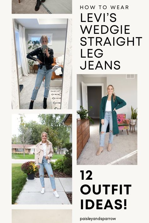 Here are 12 outfit ideas for your Levi's! Are you wondering how to wear straight leg jeans? Here are outfits you can try! Levis Wedgie Straight Jeans Outfit, Levis Ribcage Jeans Outfit, High Rise Jeans Outfit, Straight Jeans Outfit, Straight Leg Jeans Outfits, Jeans Outfit Winter, Distressed Mom Jeans, Black Faux Leather Jacket, Cold Weather Fashion