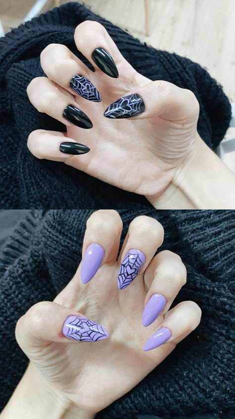 Purple Nail Designs Halloween, Purple And Black Spiderweb Nails, Goth Heart Nails, Purple Halloween Nails Simple, Spiderweb Halloween Nails, Lilac Halloween Nails, Black Lilac Nails, Spooky Nails Purple, Heart Web Nails