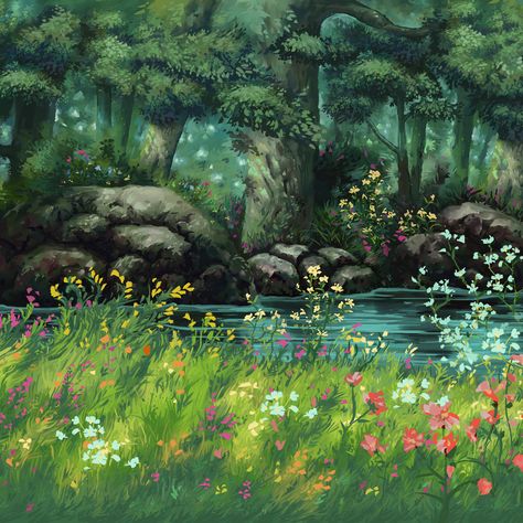 Anime Scenery Ghibli, Aesthetic Ghibli Scenes, Ghibli Studios Scenery, Studio Ghibli Cottagecore, Studio Glibly Aesthetic, Studio Ghibli Background Art, Ghibli Scenes Landscapes, Studio Ghibli Nature Scenes, Ghibli Square Picture