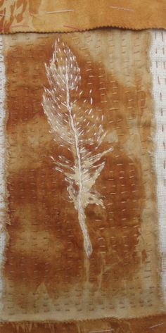 rust dyed cotton with feather resist, Kantha stitched Rust Dyeing, Rust Dyed Fabric, Rust Dye, Tea Bag Art, Eco Dyeing, Textile Art Embroidery, Kantha Embroidery, Creative Textiles, Sashiko Embroidery