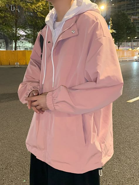 Baby Pink Preppy  Long Sleeve Polyester Plain Windbreaker Embellished Non-Stretch Spring Men Outerwear Pink Hoodie Outfit Men, Pink Hoodie Outfit, Spring Denim Jacket, Outfit Rosa, Jackets Fashion Casual, Hoodie Outfit Men, Japan Streetwear, Men Jackets, Jackets Fashion